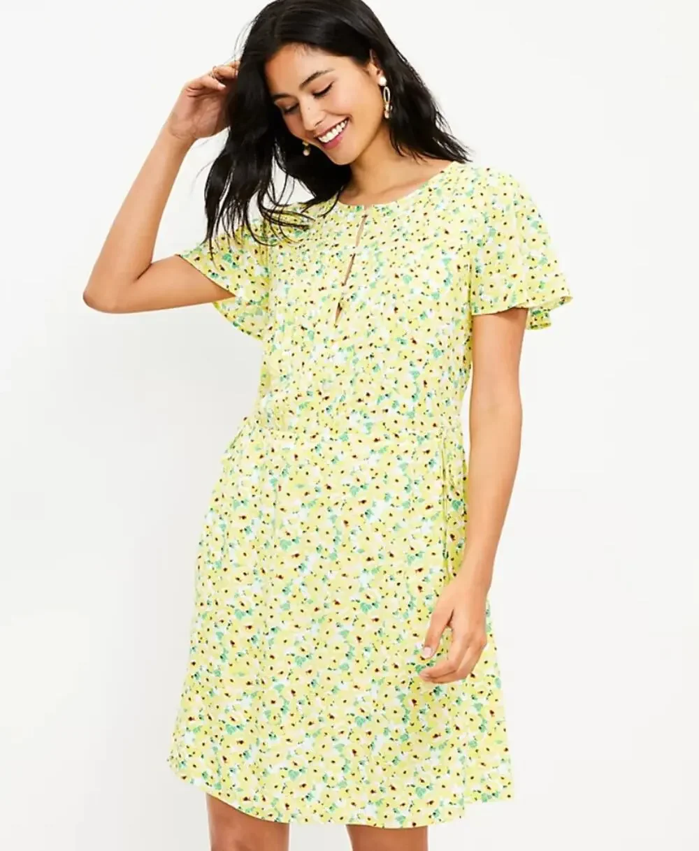Loft Floral Pintucked Side Tie Mini Dress Womens Size Medium Tall Yellow White